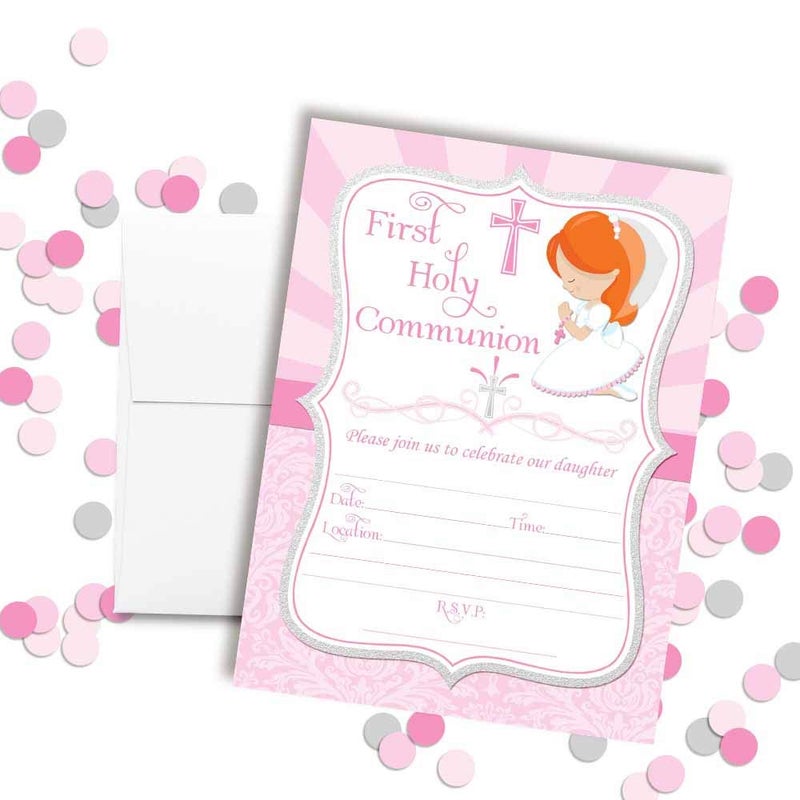 Amanda Creation First Holy Communion Religious Party Invitations for Girls (Light Skin, Red Hair), 20 5x7 Fill In Cards with Twenty White Envelopes by AmandaCreation - Image 2